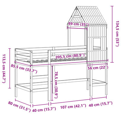 vidaXL Lit superposé et échelle et toit 80x200 cm bois de pin massif