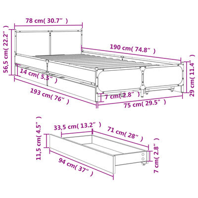 vidaXL Cadre de lit et tiroirs chêne fumé 75x190 cm bois d'ingénierie