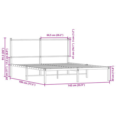 vidaXL Cadre de lit en métal sans matelas chêne fumé 137x190 cm