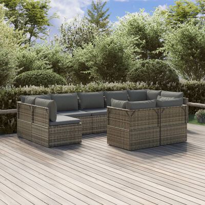 vidaXL Salon de jardin 9 pcs avec coussins Gris Résine tressée