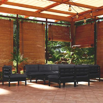 vidaXL Salon de jardin 11 pcs avec coussins Noir Bois de pin solide