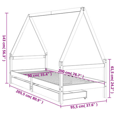 vidaXL Cadre de lit enfant tiroirs blanc 90x200 cm bois de pin massif