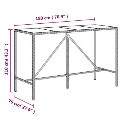 vidaXL Table de bar et dessus en verre noir 180x70x110 cm poly rotin