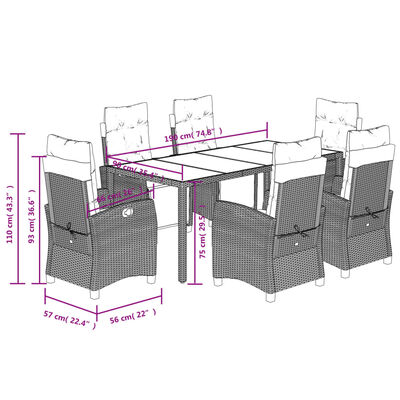 vidaXL Ensemble à manger de jardin coussins 7pcs Noir Résine tressée