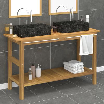 vidaXL Armoire de salle de bain et lavabos en marbre noir Teck massif