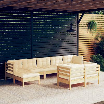 vidaXL Salon de jardin 9 pcs avec coussins crème bois de pin massif