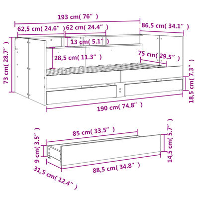 vidaXL Lit de jour avec tiroirs sans matelas chêne sonoma 75x190 cm