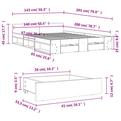 vidaXL Cadre de lit avec tiroirs sans matelas chêne fumé 140x200 cm