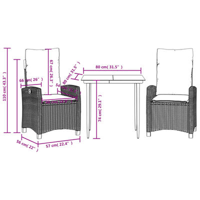 vidaXL Ensemble à manger de jardin avec coussins 3 pcs Noir