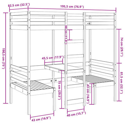 vidaXL Lit mezzanine avec bureau et chaises 75x190 cm pin massif