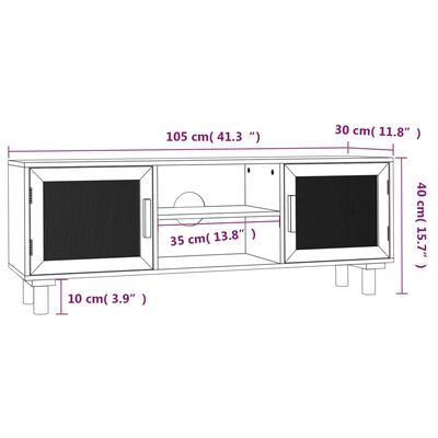 vidaXL Meuble TV Blanc 105x30x40cm Bois de pin massif et rotin naturel