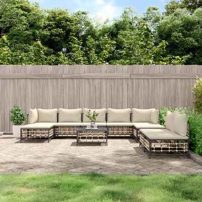 vidaXL Salon de jardin 10 pcs avec coussins anthracite résine tressée