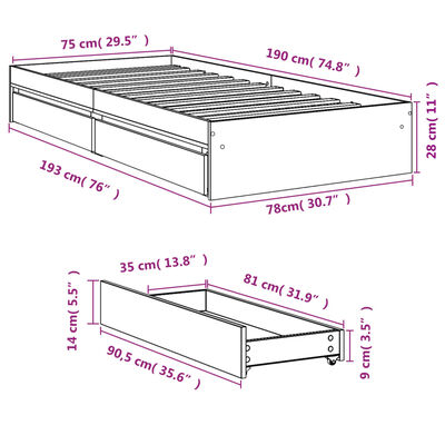 vidaXL Cadre de lit et tiroirs chêne sonoma 75x190cm bois d'ingénierie