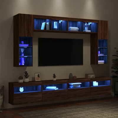 vidaXL Ensemble de meubles TV muraux 8pcs et lumières LED chêne marron