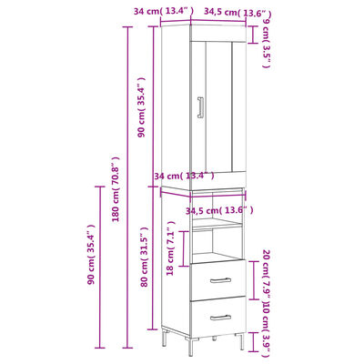 vidaXL Buffet haut Noir 34,5x34x180 cm Bois d'ingénierie