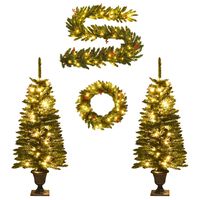 vidaXL Arbres de Noël artificiels 2 pcs et couronne, guirlande et LED