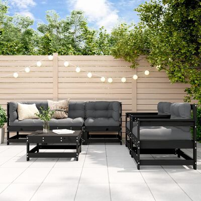 vidaXL Salon de jardin 6 pcs avec coussins noir bois massif