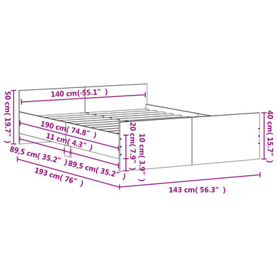 vidaXL Cadre de lit tête de lit et pied de lit chêne fumé 140x190 cm