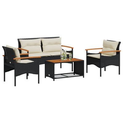 vidaXL Salon de jardin 4 pcs avec coussins noir résine tressée