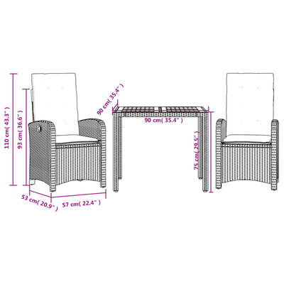 vidaXL Ensemble à manger de jardin 3 pcs coussins gris résine tressée