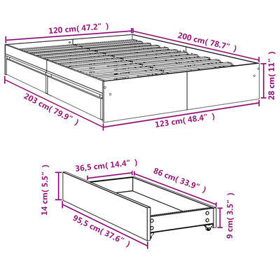 vidaXL Cadre de lit et tiroirs chêne fumé 120x200 cm bois d'ingénierie