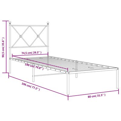 vidaXL Cadre de lit métal avec tête de lit noir 75x190 cm