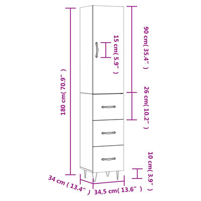 vidaXL Buffet haut Blanc 34,5x34x180 cm Bois d'ingénierie