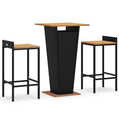 vidaXL Ensemble de bar jardin 3 pcs noir poly rotin/bois massif acacia