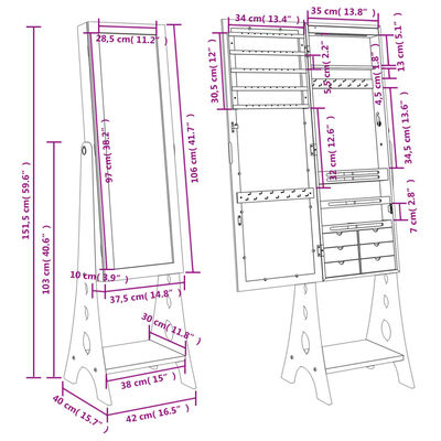 vidaXL Armoire à bijoux miroir avec lumières LED sur pied