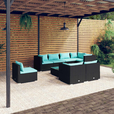 vidaXL Salon de jardin 9 pcs avec coussins Résine tressée Noir