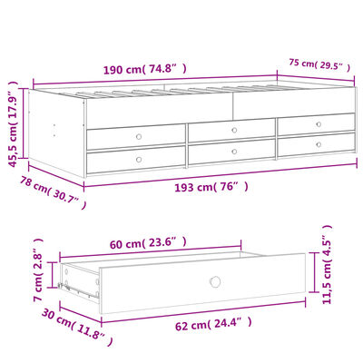 vidaXL Lit de jour avec tiroirs sans matelas gris béton 75x190 cm