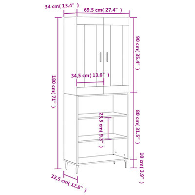 vidaXL Buffet haut Blanc 69,5x34x180 cm Bois d'ingénierie