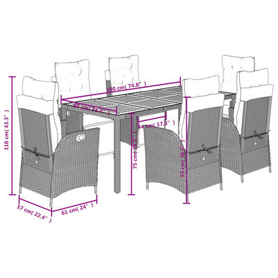 vidaXL Ensemble à manger de jardin coussins 7pcs Noir Résine tressée