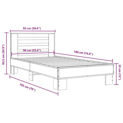 vidaXL Cadre de lit chêne fumé 90x190 cm bois d'ingénierie et métal