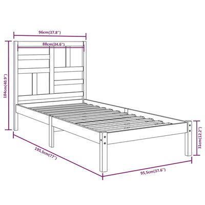 vidaXL Cadre de lit Noir Bois massif 90x190 cm Simple