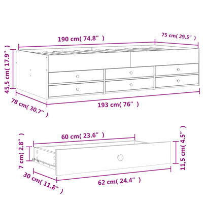 vidaXL Lit de jour avec tiroirs sans matelas chêne marron 75x190 cm