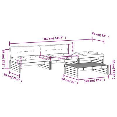 vidaXL Salon de jardin 4 pcs avec coussins gris bois massif