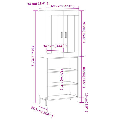 vidaXL Buffet haut Blanc 69,5x34x180 cm Bois d'ingénierie