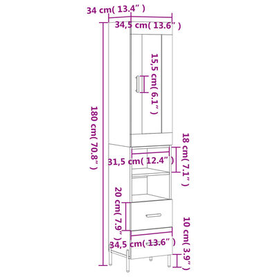 vidaXL Buffet haut Chêne marron 34,5x34x180 cm Bois d'ingénierie