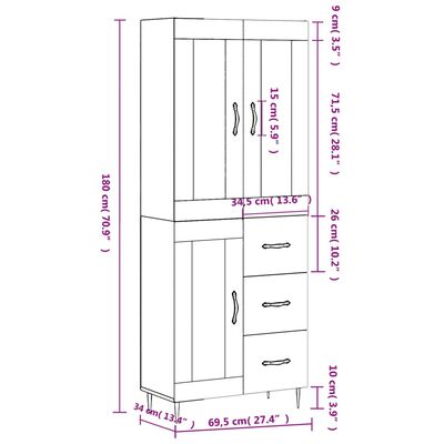 vidaXL Buffet haut Blanc 69,5x34x180 cm Bois d'ingénierie