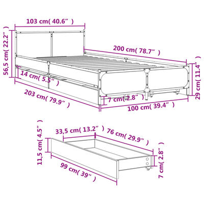 vidaXL Cadre de lit et tiroirs chêne marron 100x200 cm bois ingénierie