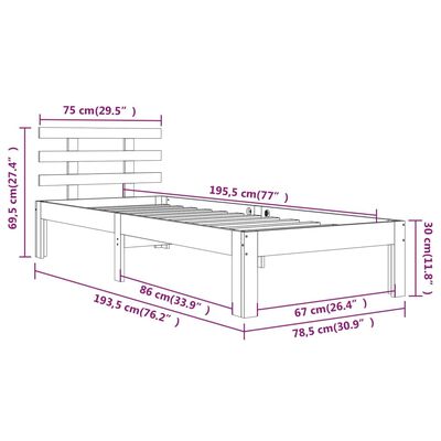 vidaXL Cadre de lit Blanc Bois massif 75x190 cm Petit simple