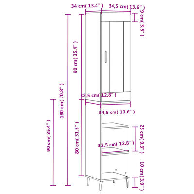 vidaXL Buffet haut Blanc brillant 34,5x34x180 cm Bois d'ingénierie