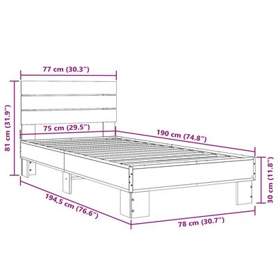 vidaXL Cadre de lit chêne marron 75x190 cm bois d'ingénierie et métal