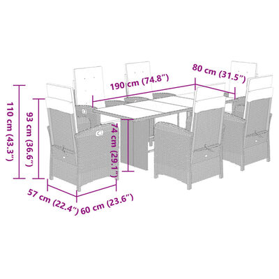 vidaXL Ensemble à manger de jardin coussins 7pcs Noir Résine tressée