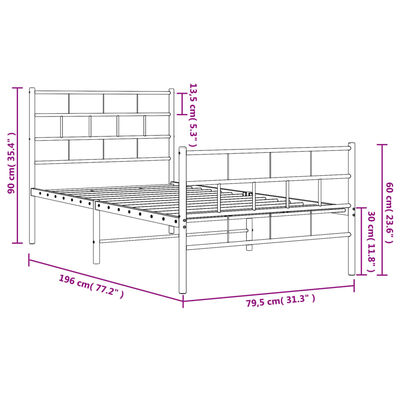 vidaXL Cadre de lit métal sans matelas avec pied de lit blanc 75x190cm