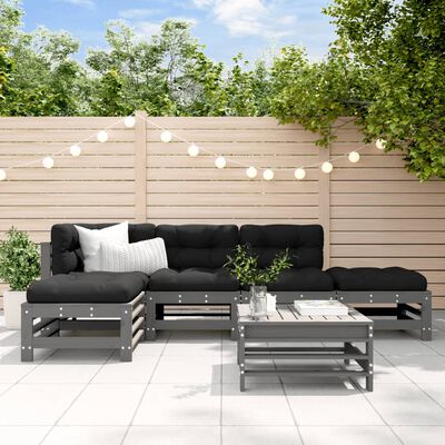 vidaXL Salon de jardin 6 pcs avec coussins gris bois massif