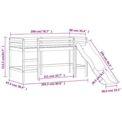 vidaXL Lit mezzanine enfants et tunnel bleu 90x200cm bois pin massif