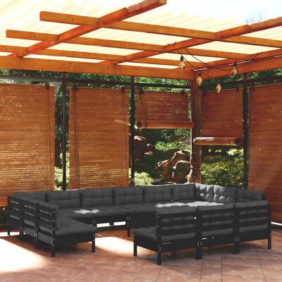 vidaXL Salon de jardin 14 pcs avec coussins Noir Bois de pin solide