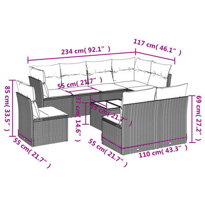 vidaXL Salon de jardin 9 pcs avec coussins noir résine tressée